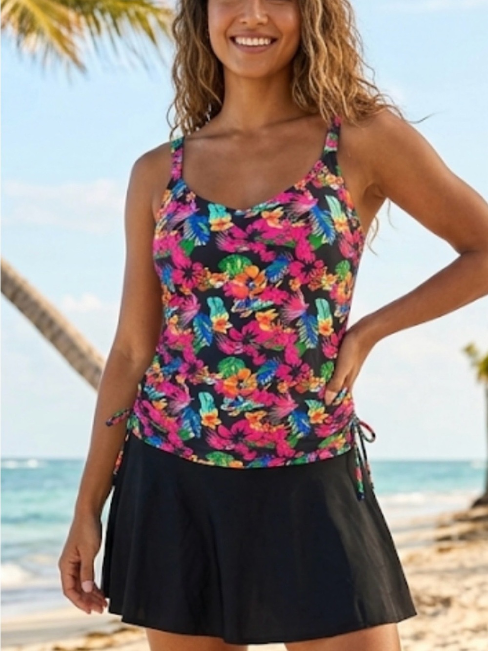 Black Tropical Floral Tankini set with Bright Multicolor Print